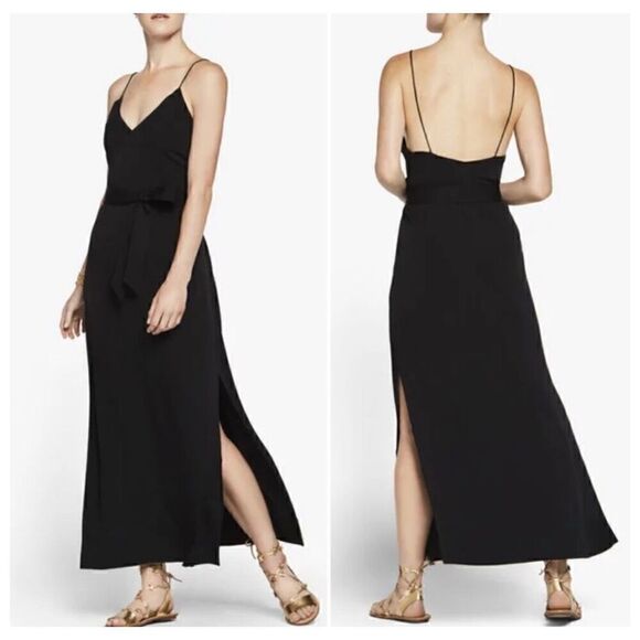 AYR Black Niche Silk Maxi Dress with Belt Size Medium Spaghetti Strap V-Neck - Picture 1 of 15